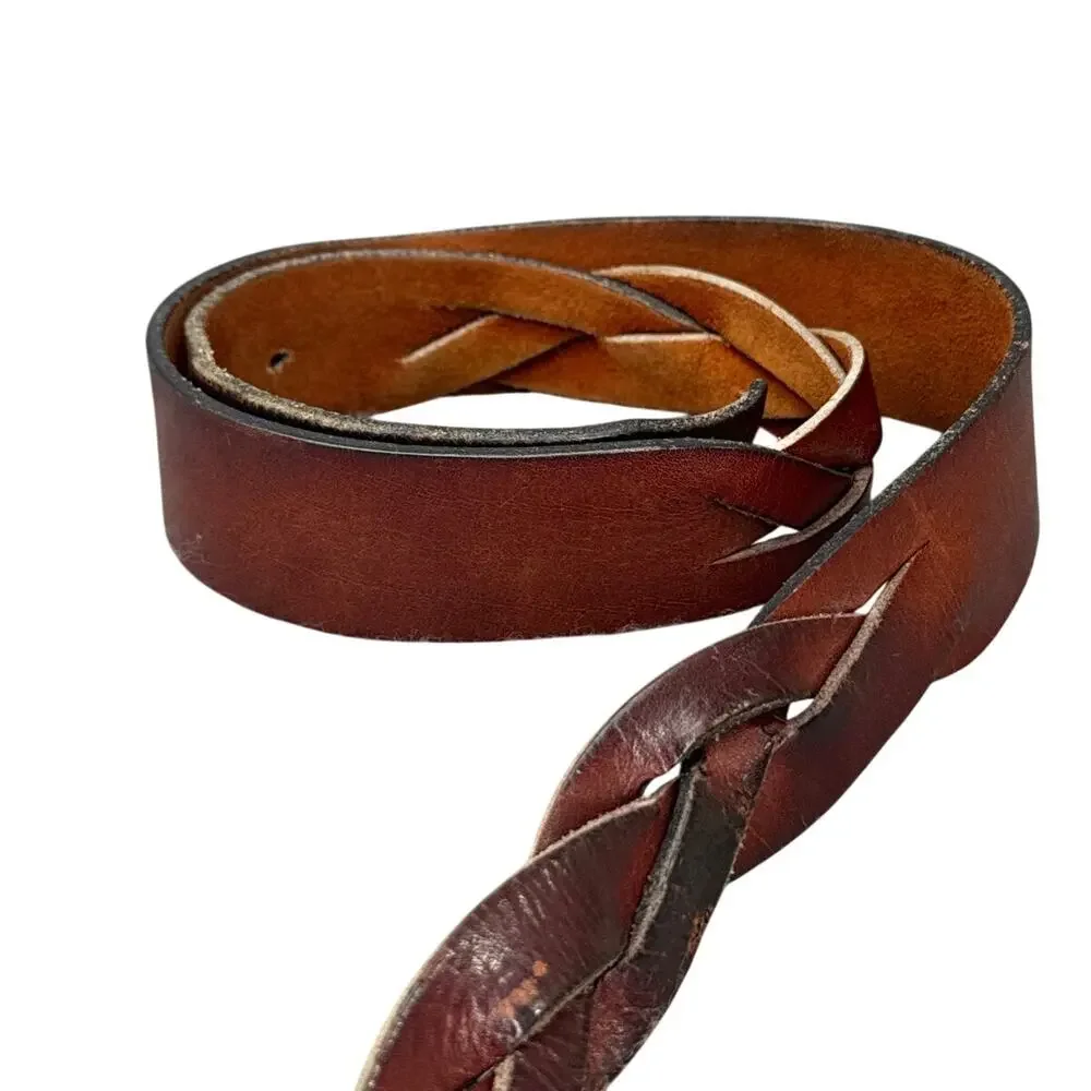 Vintage Distressed Patina Braided Leather Belt Hammered Brass Buckle Women 34
